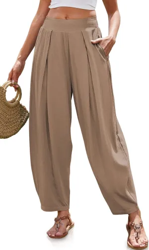TARSE Womens Linen Harem Pants Loose Fit Boho Pants with Wide Waistband Casual Lounge Trousers for Summer Beach Vacation