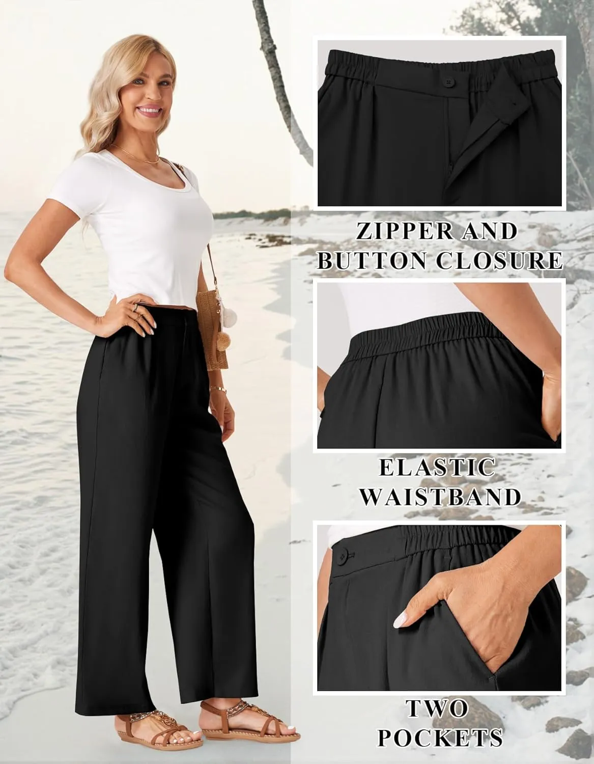 TOPYOGAS Womens Summer Linen Boho Wide Leg Casual Pants Palazzo Button High Waist Lounge Travel Vacation Outfits