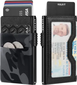 VULKIT Minimalist Wallet with ID Window & EDC Pocket Pop Up Card Holder RFID Blocking Slim Wallet Design for Airtag Cash Coins & Credit Cards