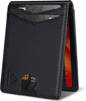 Wallet for Men Genuine Leather RFID Blocking Bifold compact Wallet With Magnetic Closure 1 ID Window (Black)