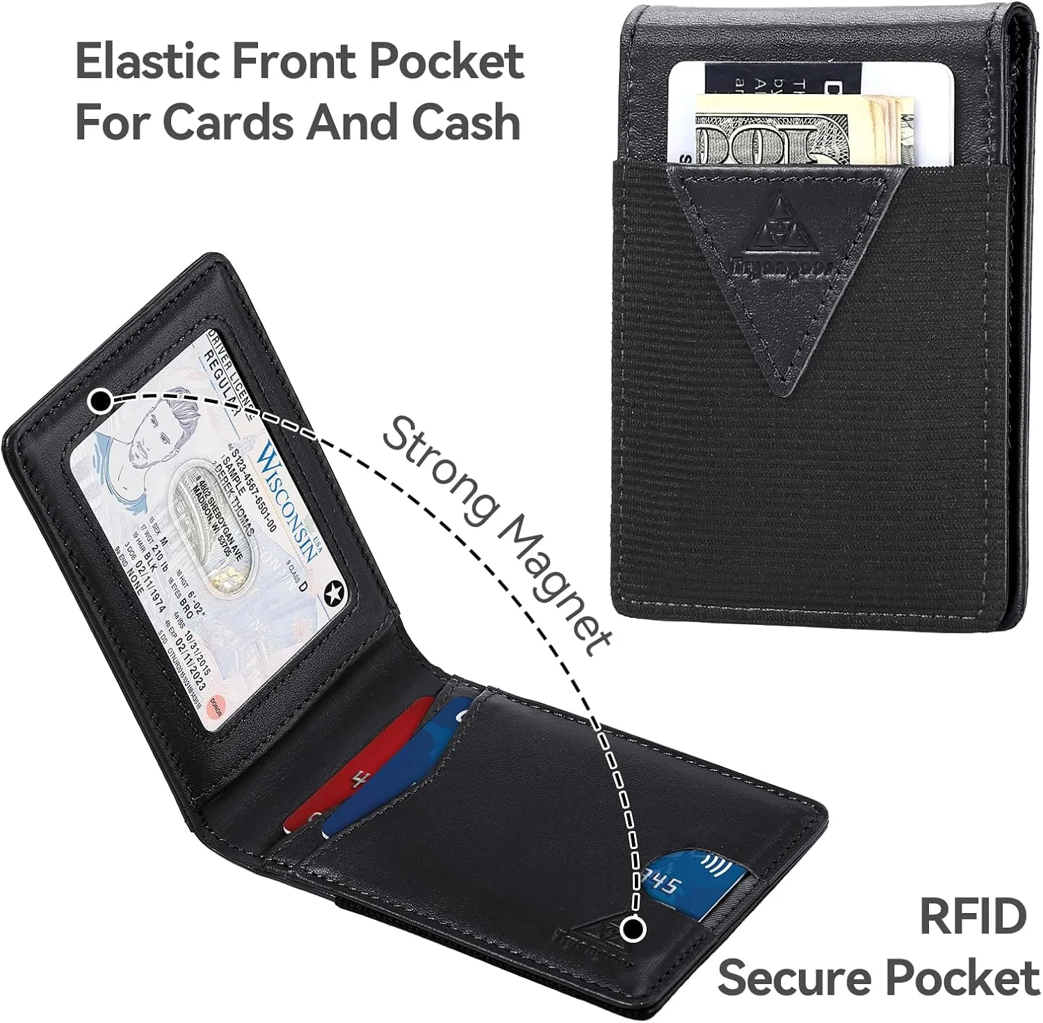 Wallet for Men Genuine Leather RFID Blocking Bifold compact Wallet With Magnetic Closure 1 ID Window (Black)