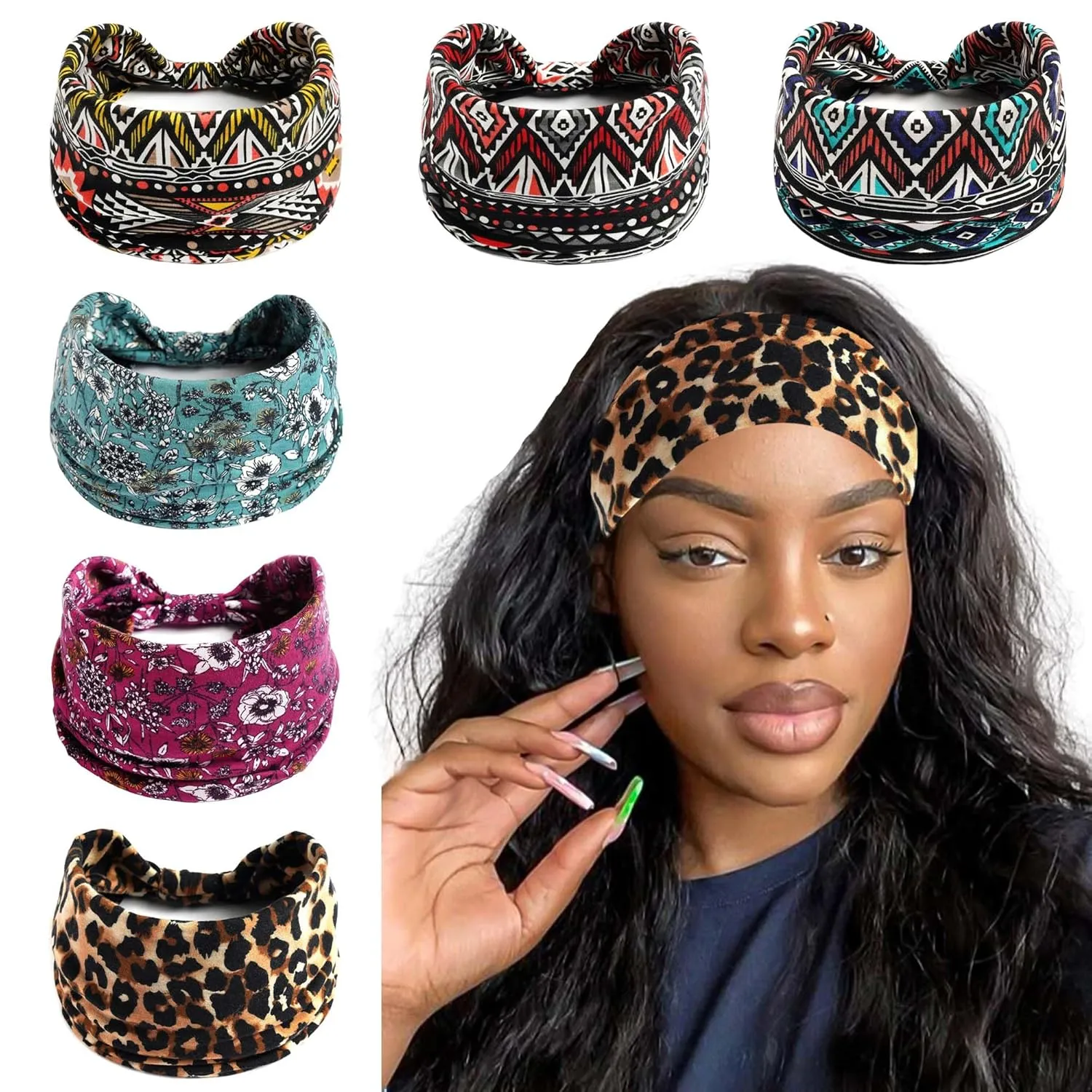 Wide Headbands For Women African Floral Boho Turban Headwrap Elastic Hairband Large Leopard Head Scarf Non Slip Twist Knotted Bandana Sweatband Workout Hair Accessories 6 Pack