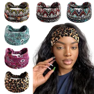 Wide Headbands For Women African Floral Boho Turban Headwrap Elastic Hairband Large Leopard Head Scarf Non Slip Twist Knotted Bandana Sweatband Workout Hair Accessories 6 Pack