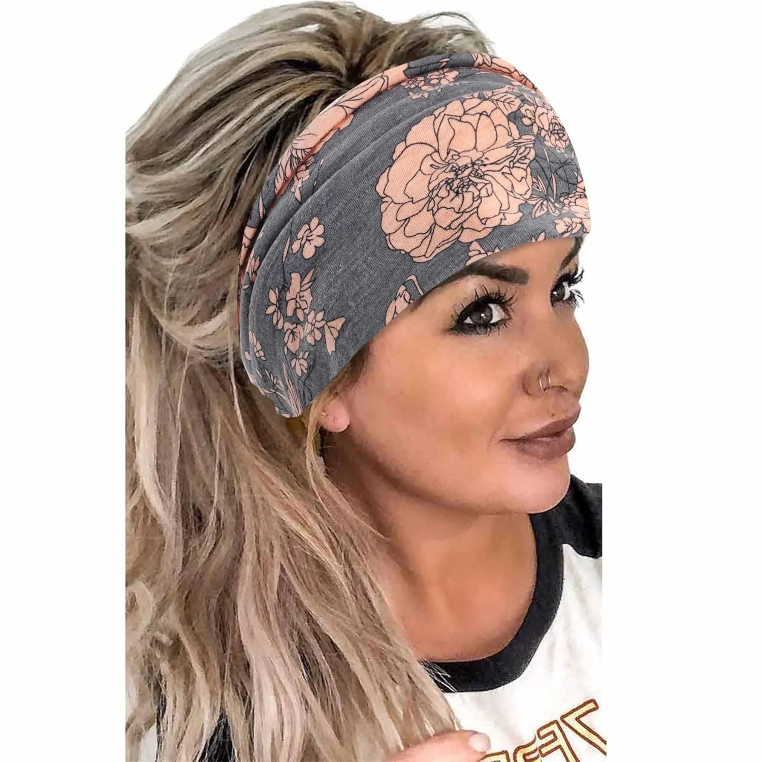 Wide Headbands For Women Floral Printed Boho Turban Headband Elastic Hairband Soft Headwrap Thick Turban Non Slip Twist Knotted Bandana Sweatband Workout Hair Accessories 6 Pcs