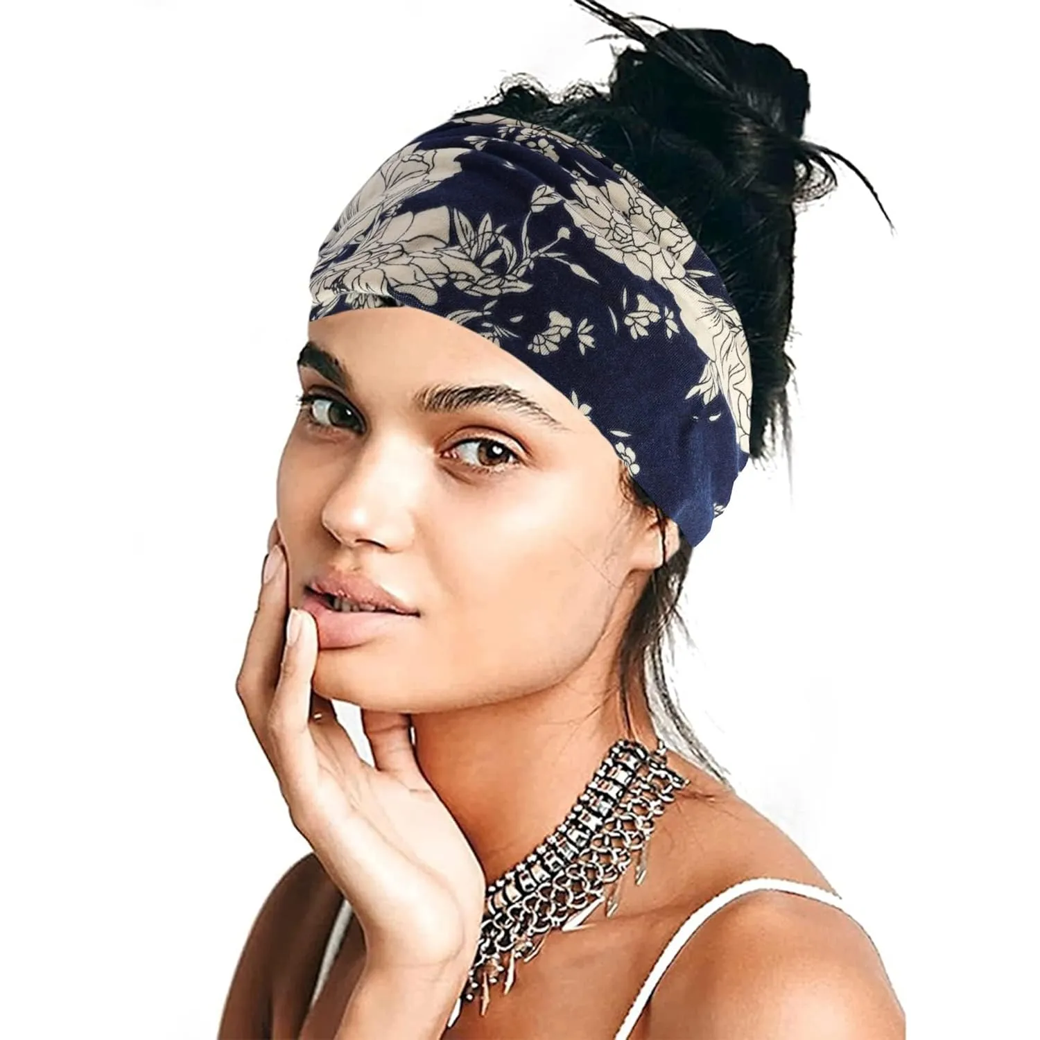 Wide Headbands For Women Floral Printed Boho Turban Headband Elastic Hairband Soft Headwrap Thick Turban Non Slip Twist Knotted Bandana Sweatband Workout Hair Accessories 6 Pcs