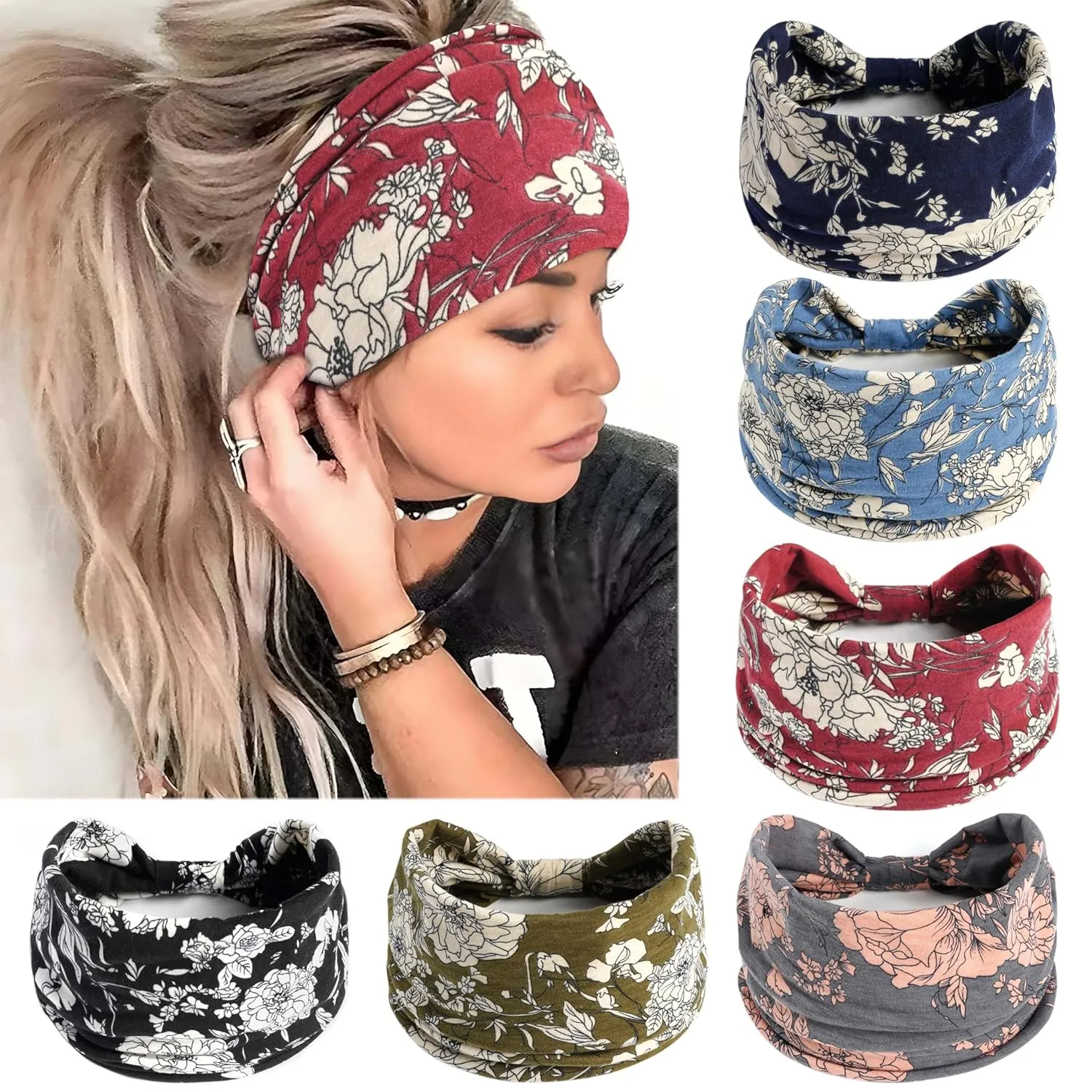 Wide Headbands For Women Floral Printed Boho Turban Headband Elastic Hairband Soft Headwrap Thick Turban Non Slip Twist Knotted Bandana Sweatband Workout Hair Accessories 6 Pcs