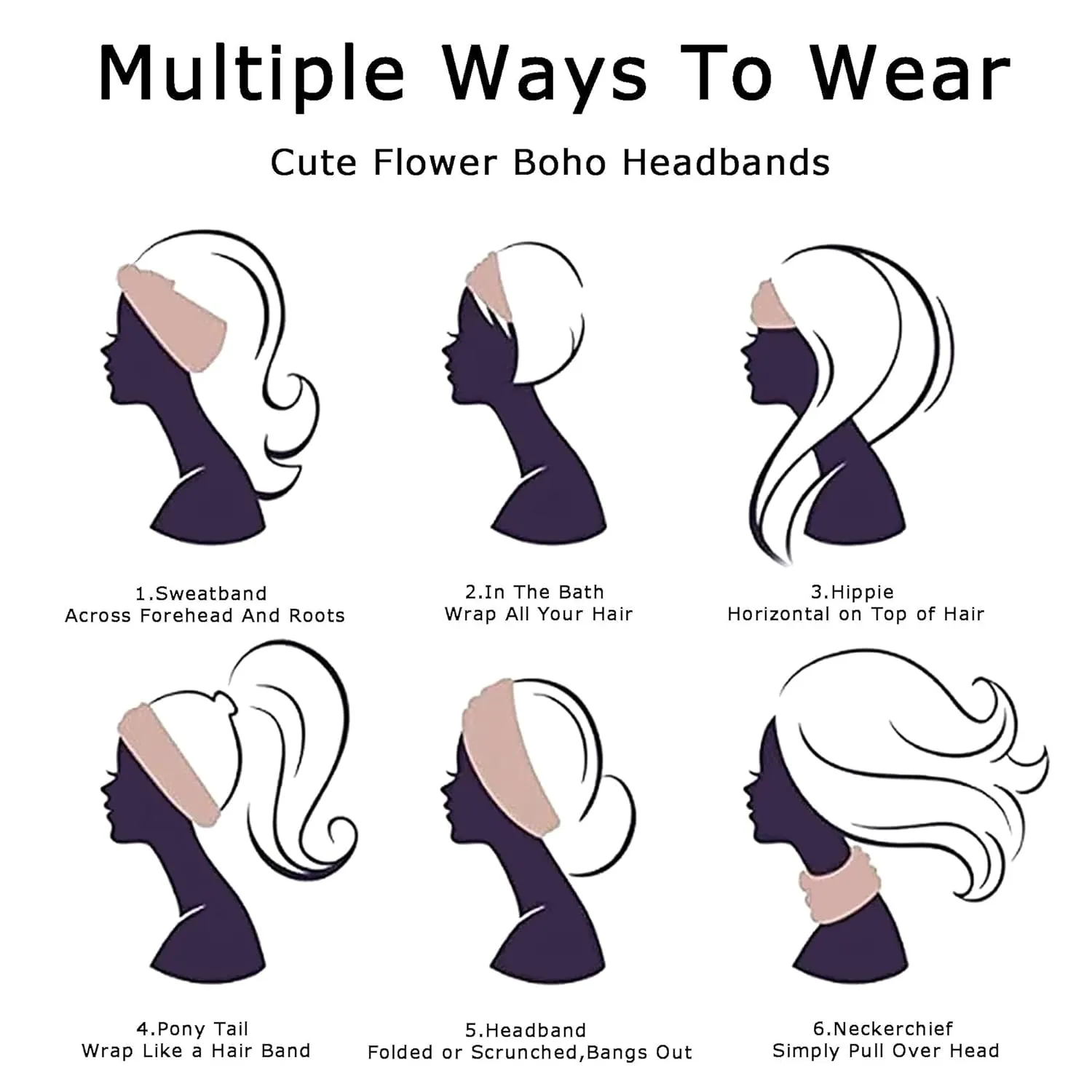 Wide Headbands For Women Floral Printed Boho Turban Headband Elastic Hairband Soft Headwrap Thick Turban Non Slip Twist Knotted Bandana Sweatband Workout Hair Accessories 6 Pcs