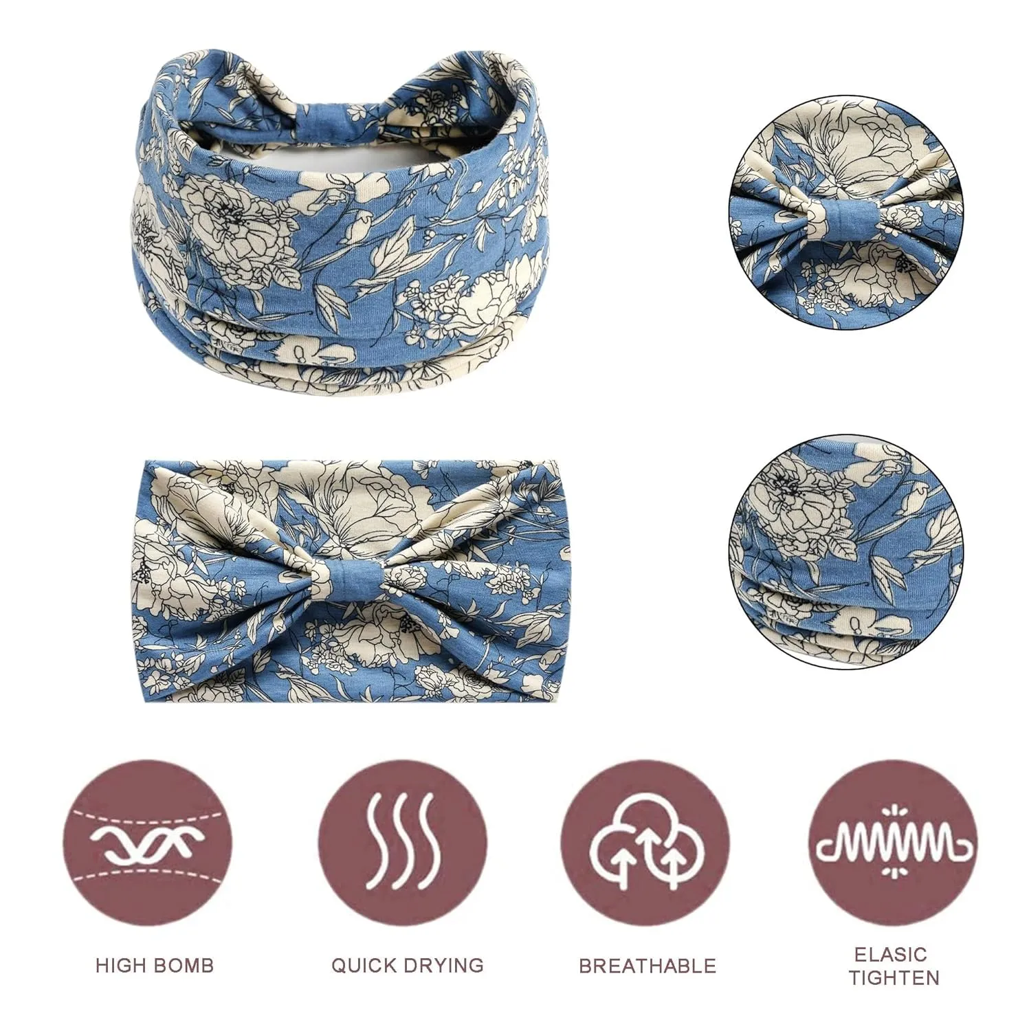Wide Headbands For Women Floral Printed Boho Turban Headband Elastic Hairband Soft Headwrap Thick Turban Non Slip Twist Knotted Bandana Sweatband Workout Hair Accessories 6 Pcs
