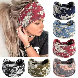Wide Headbands For Women Floral Printed Boho Turban Headband Elastic Hairband Soft Headwrap Thick Turban Non Slip Twist Knotted Bandana Sweatband Workout Hair Accessories 6 Pcs