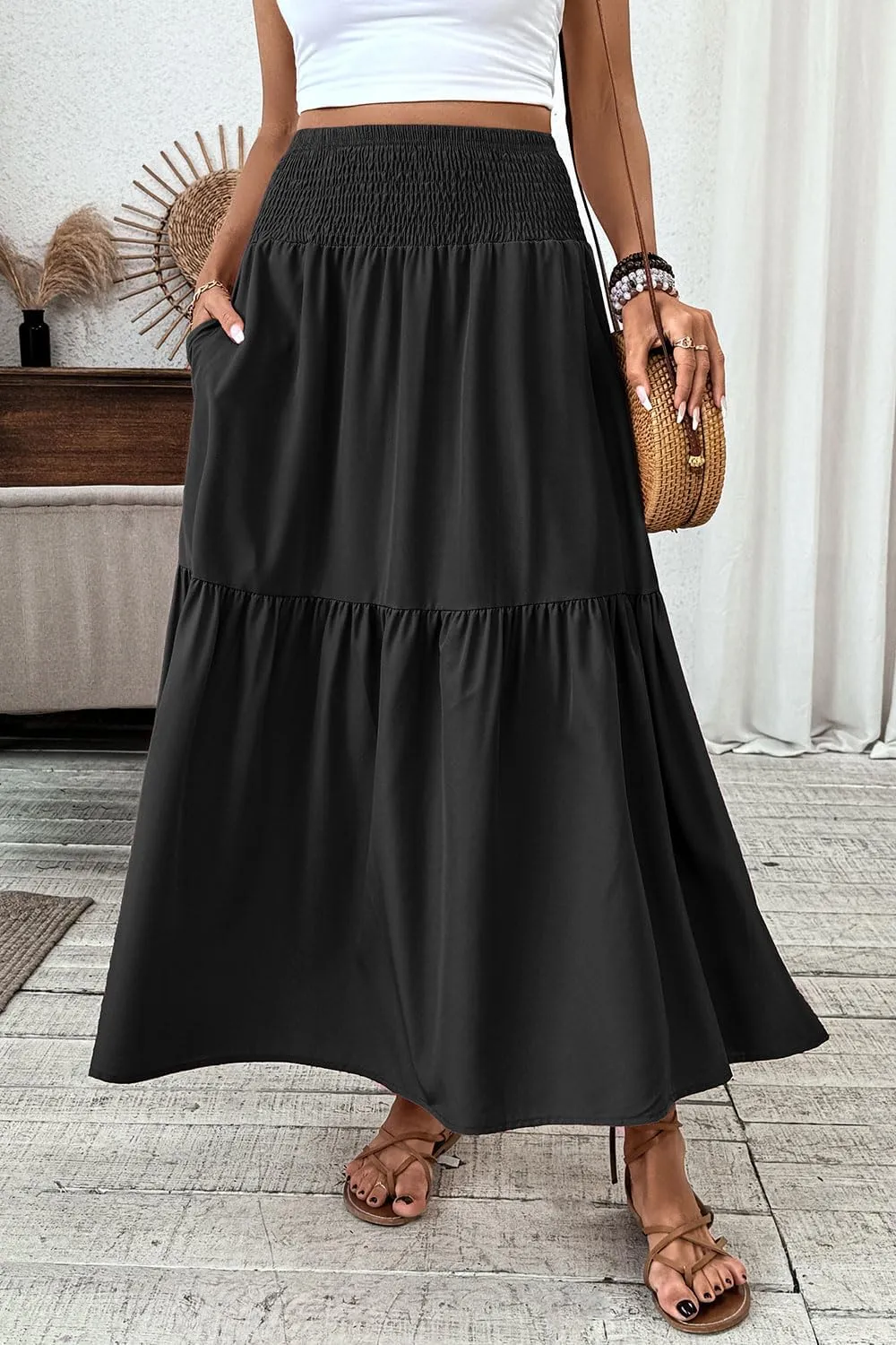 Women's Smocked High Waist Maxi Skirt Casual Boho Long Skirts with Pockets