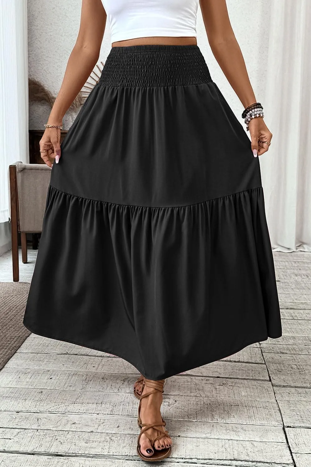 Women's Smocked High Waist Maxi Skirt Casual Boho Long Skirts with Pockets