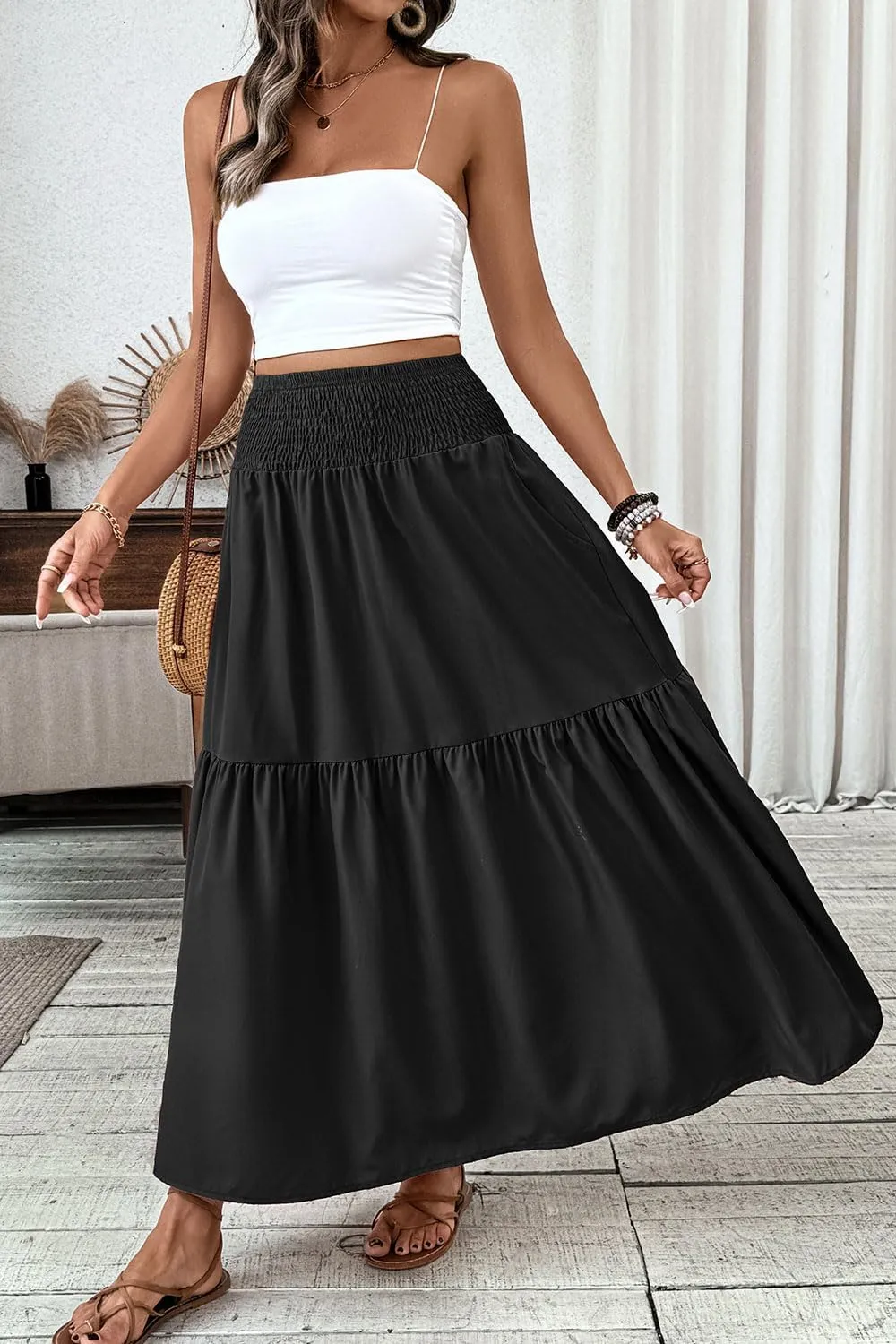Women's Smocked High Waist Maxi Skirt Casual Boho Long Skirts with Pockets