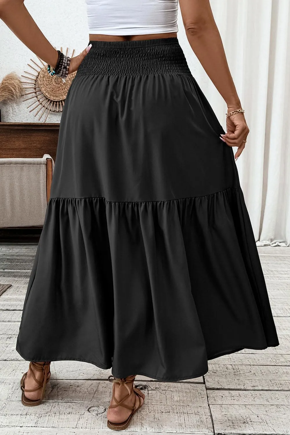 Women's Smocked High Waist Maxi Skirt Casual Boho Long Skirts with Pockets