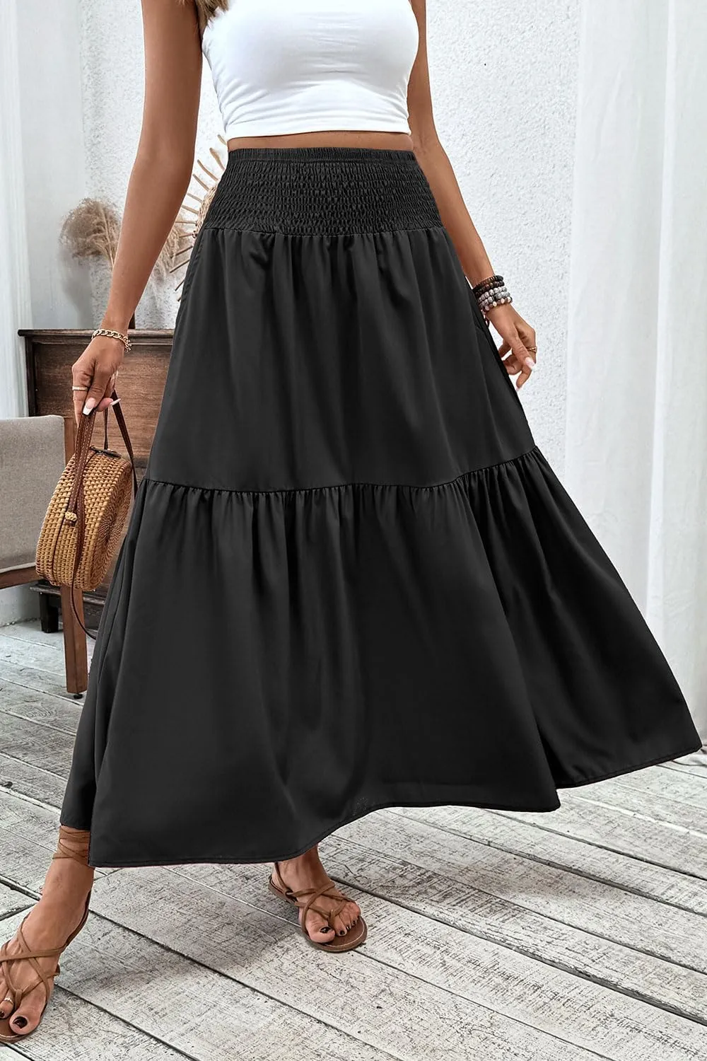 Women's Smocked High Waist Maxi Skirt Casual Boho Long Skirts with Pockets